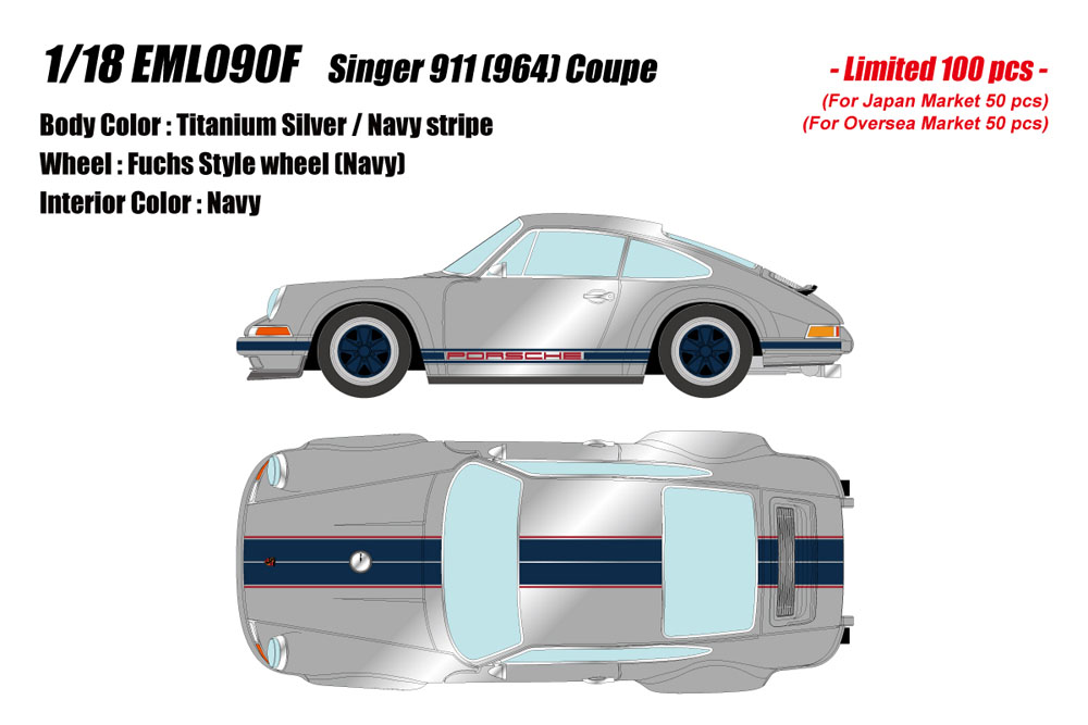 Photo1: **Preorder** EIDOLON EML090F 1/18 Singer 911(964) Coupe Titanium Silver / Navy Stripe Limited 100pcs